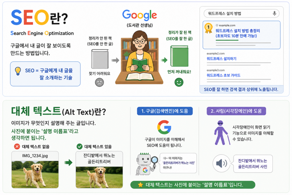 워드프레스 SEO 플러그인과 대체 텍스트의 역할을 설명한 인포그래픽